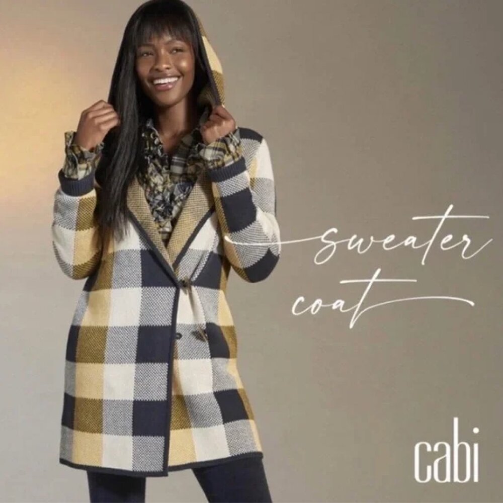 CAbi Yellow Buffalo Check Sweater Coat – Medium, Oversized Intarsia Knit